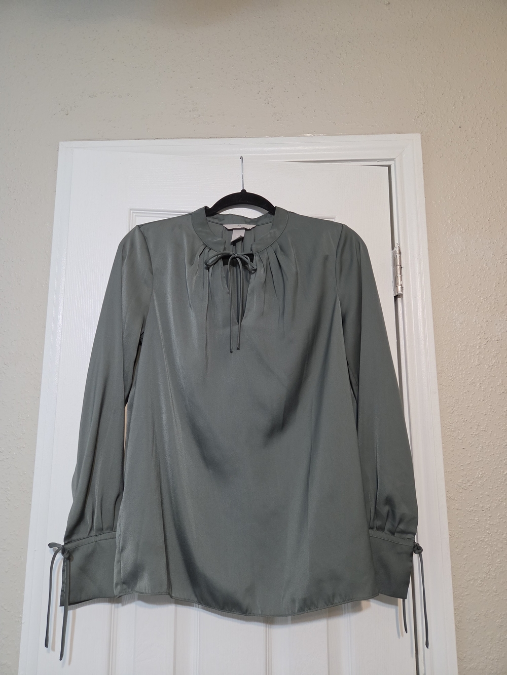 H&M Sage Green Tie-Neck Long Sleeve Blouse